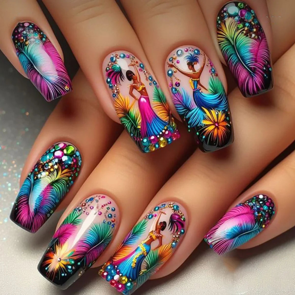 24pcs/set Short Medium long fake nails for women girls Spring summer flowers butterfly flamingo blue pink press on false nails 2063