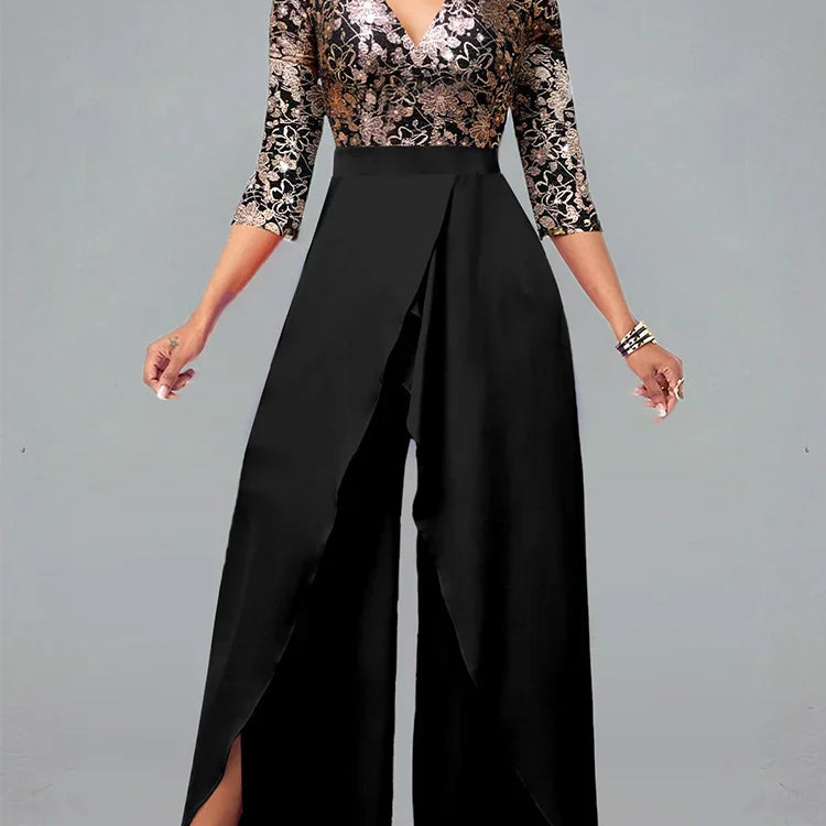 Sets Outifits 2023 New Gilded Floral V-neck Loose Fitting Jumpsuit of One Fashion Casual Pieces for Women Elegant Female