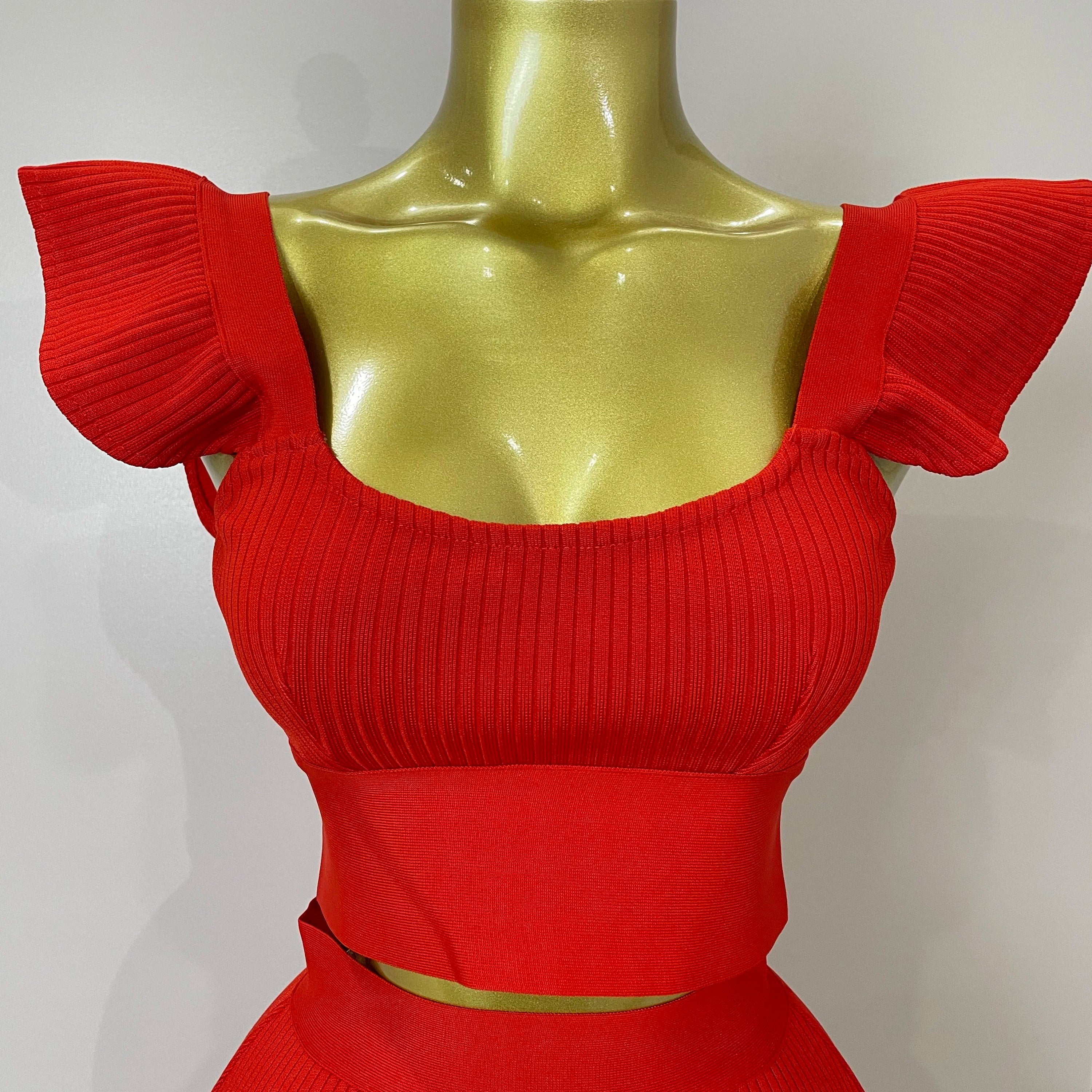 Women 2025 New Sexy Backless Ruffles Red Bandage Two Pices Set 2025 Celebrity Evening Elegance Birthday Party Dress