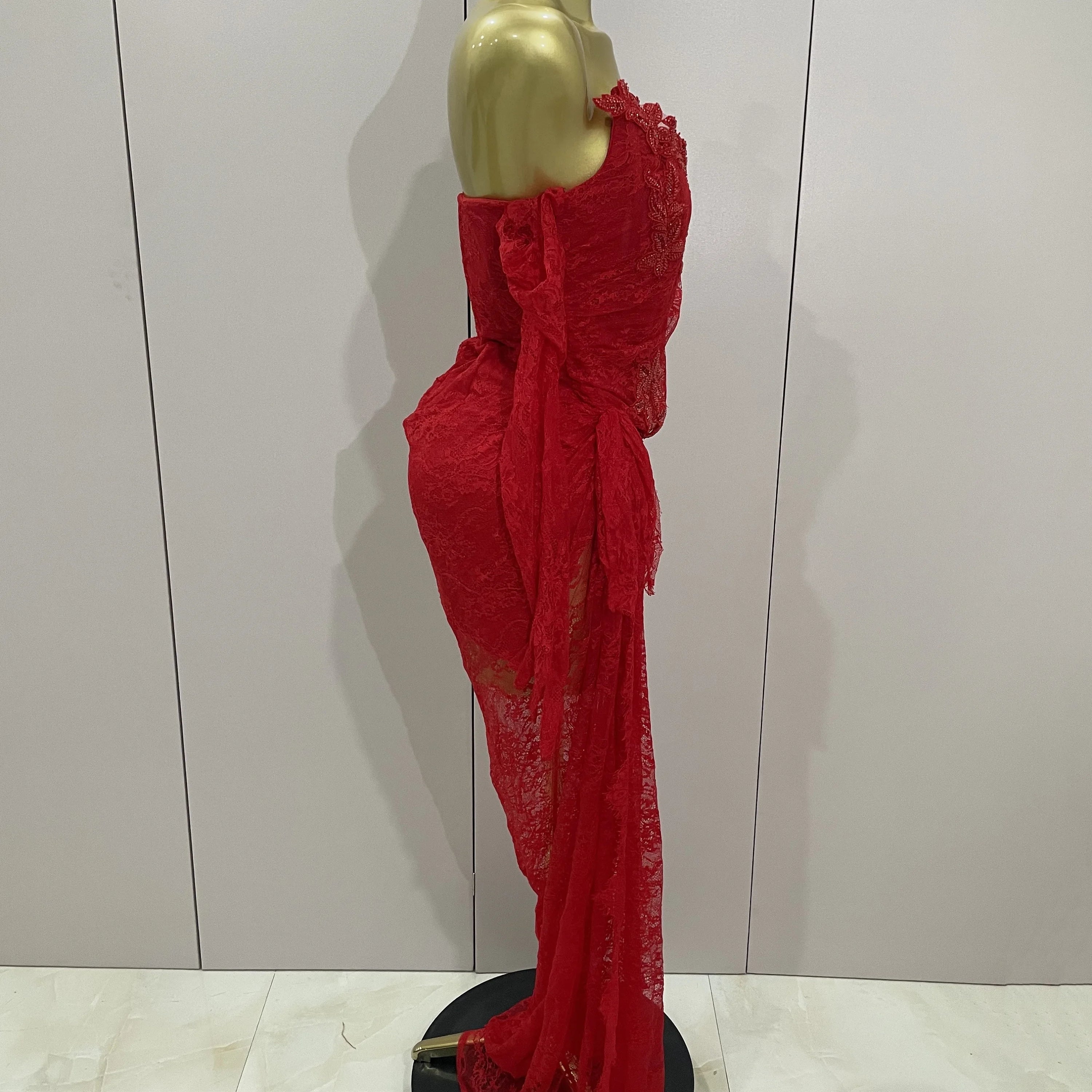 Women Sexy Strapless Backless Red Lace Split Maxi Long Bodycon Dress 2025 Celebrity Elegant Evening Club Birthday Party Outfit