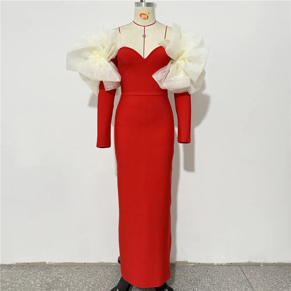 Black Red Color Women Sexy Off the Shoulder Long Sleeve Florals Bodycon Long Bandage Dress Celebrate Evening Party Outfit