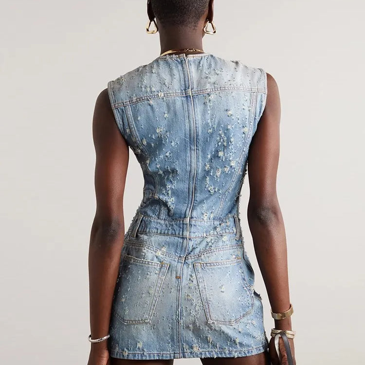 Denim Hollow Out Dresses For Women Round Neck Sleeveless Tunic Patchwork Pockets Vintage Dress Female Fashion Style