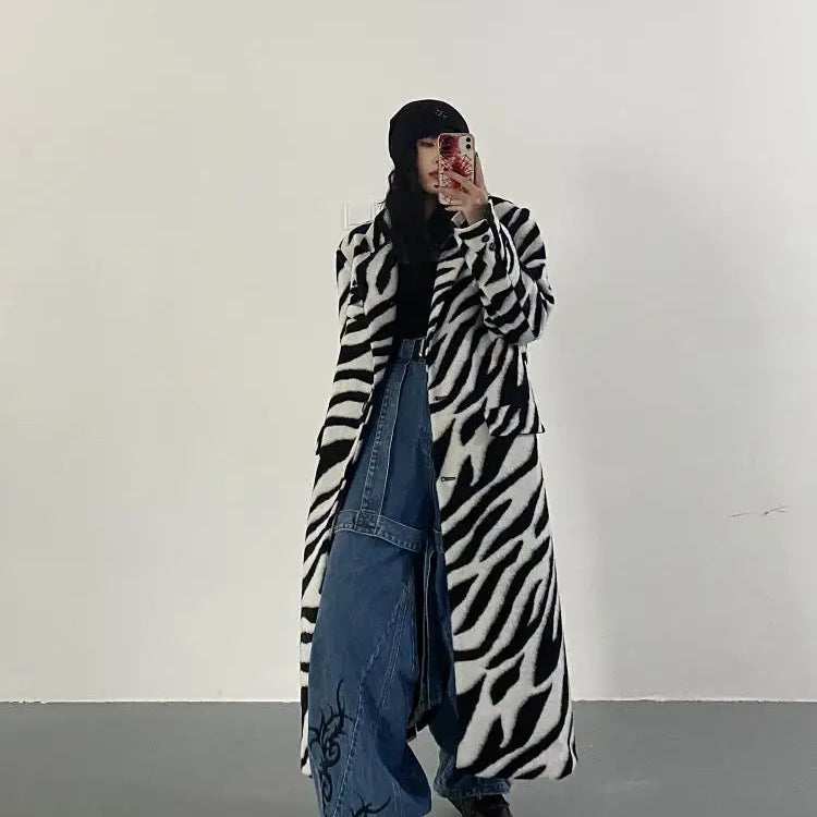 Women Wool Coat Temperament Zebra Pattern Full Sleeve Winter Jacket All Match Outwear Loose Long Overcoat Autum