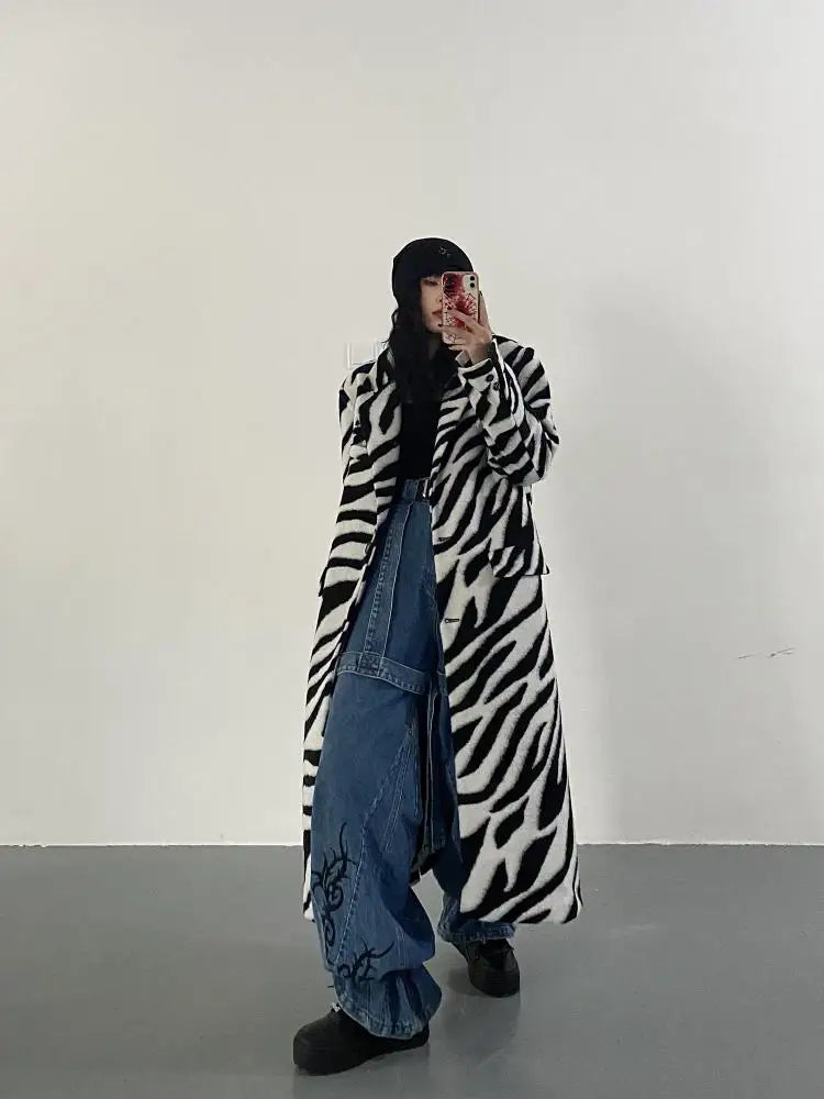Women Wool Coat Temperament Zebra Pattern Full Sleeve Winter Jacket All Match Outwear Loose Long Overcoat Autum