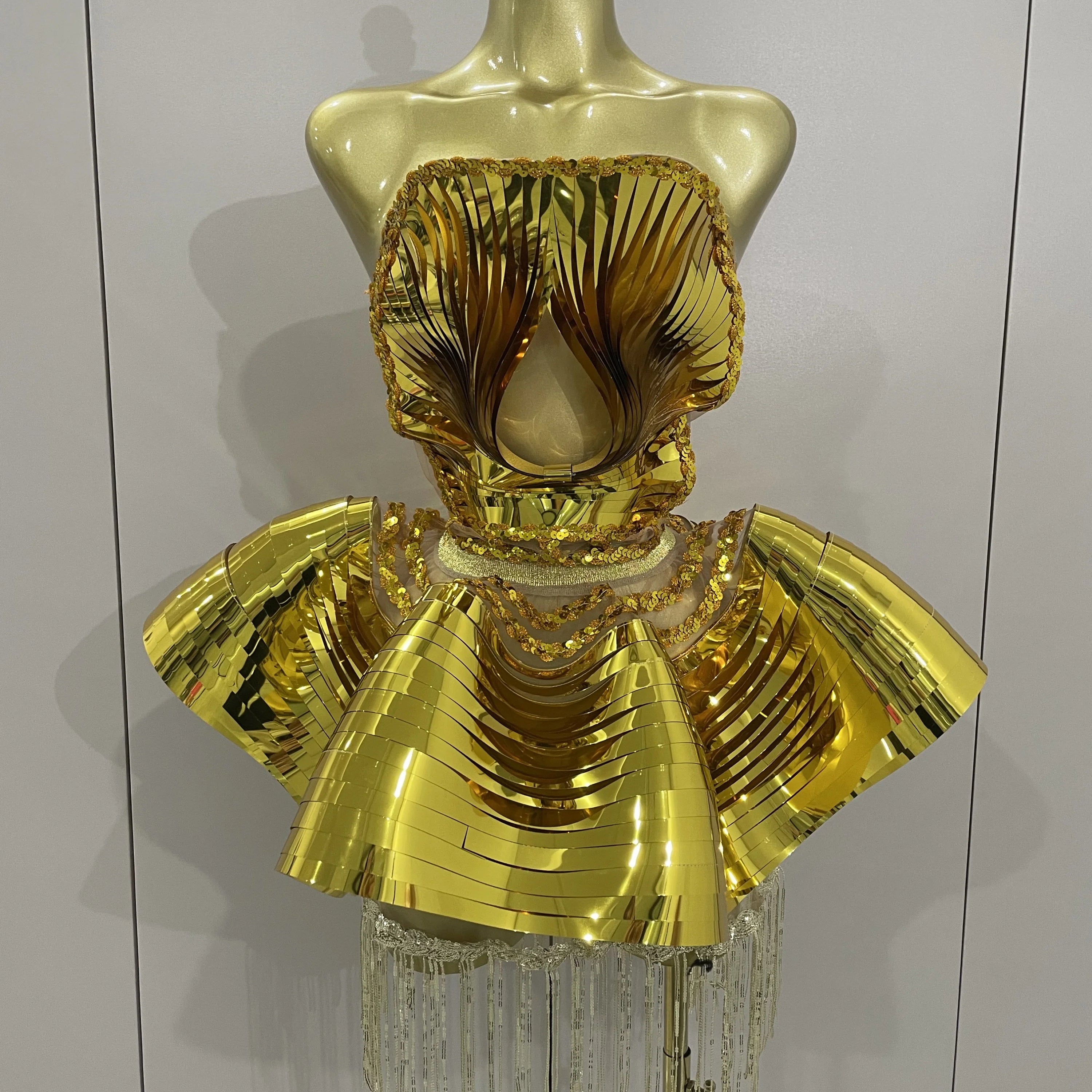 STOCK Shiny Gold Mirrors Sexy 2 Pieces Mini Dress 2025 Women Celebrate Birthday Party Performance Stage Costume Festival Wear Gold