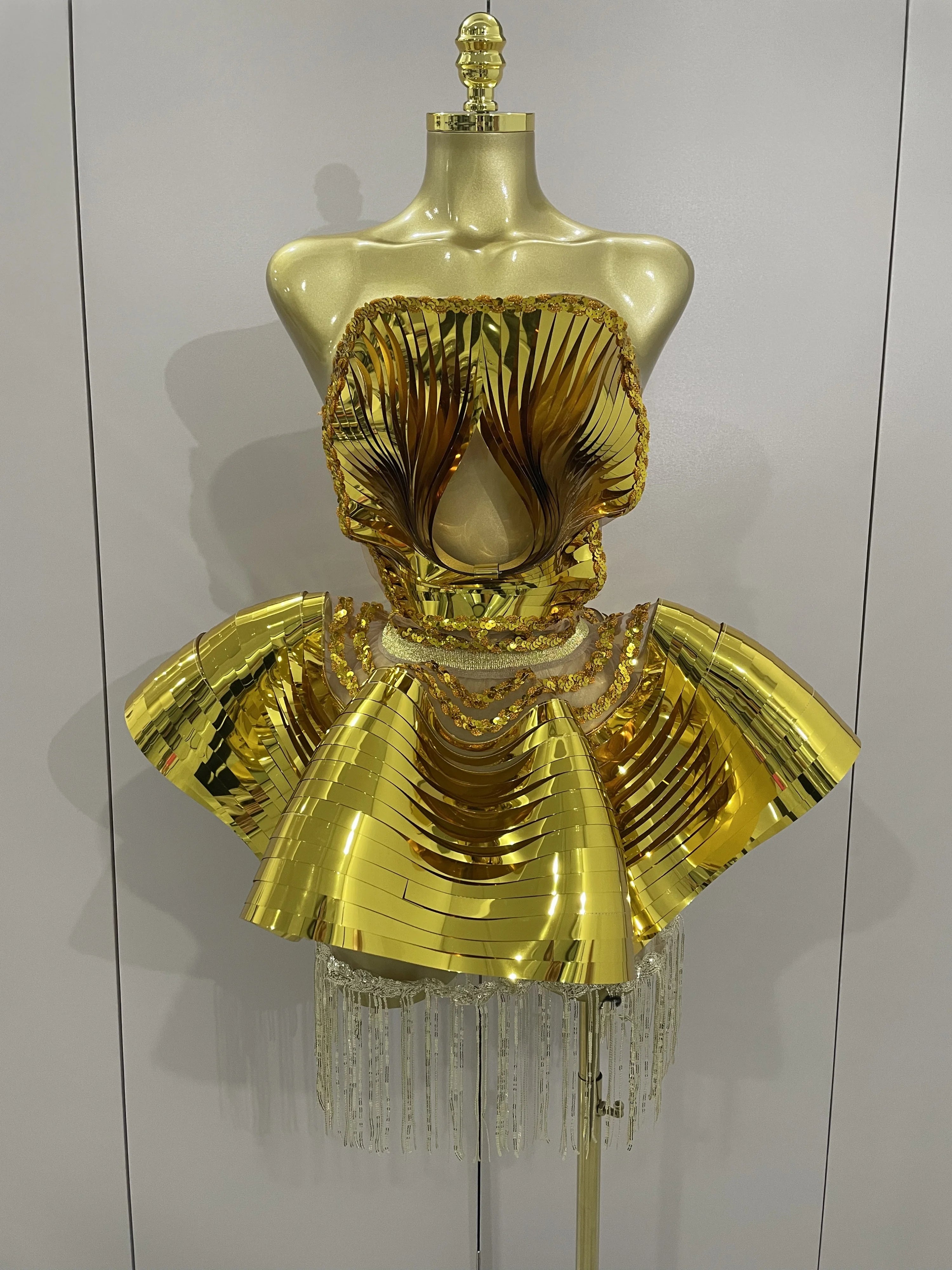 STOCK Shiny Gold Mirrors Sexy 2 Pieces Mini Dress 2025 Women Celebrate Birthday Party Performance Stage Costume Festival Wear Gold