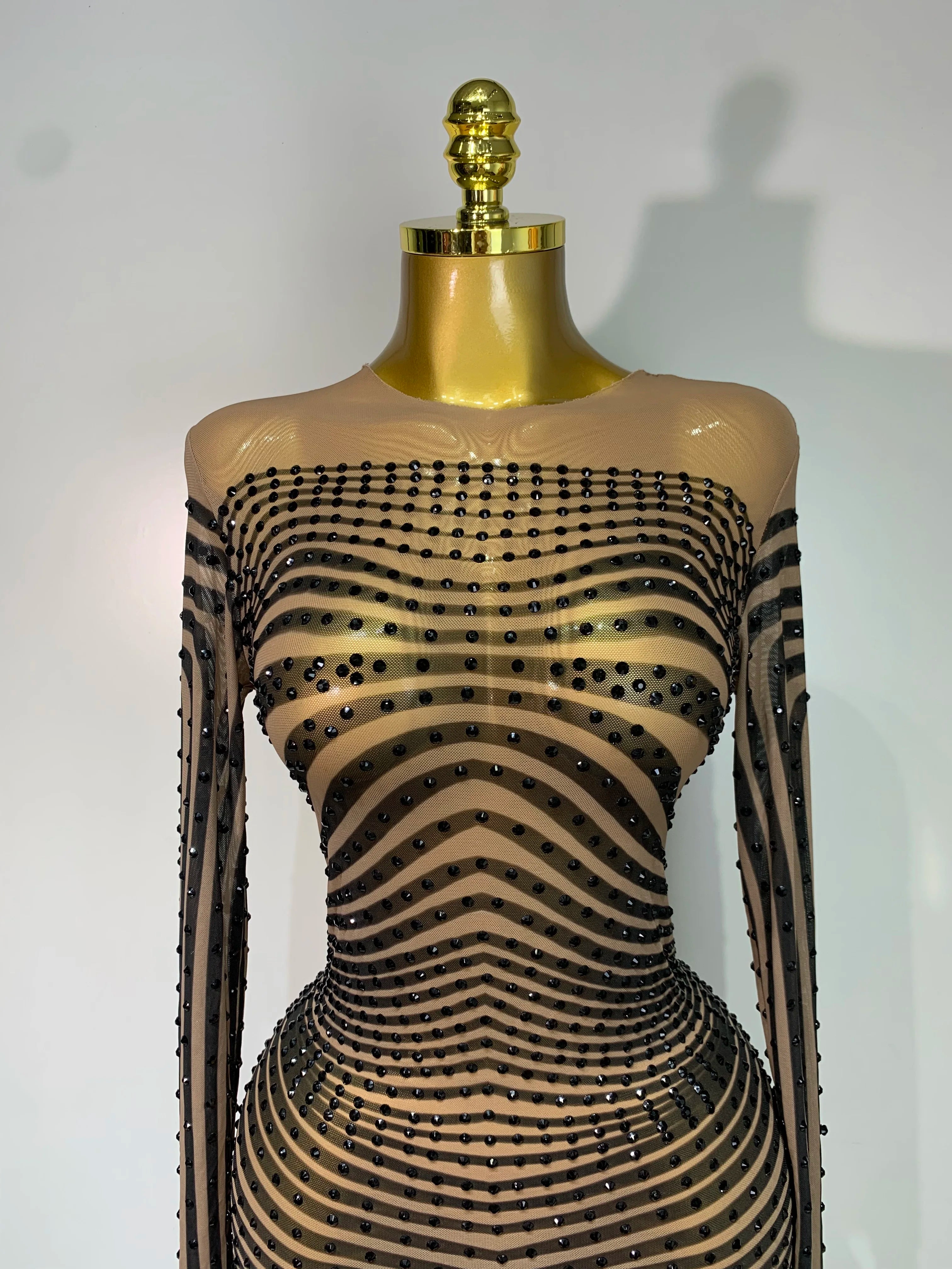 Women Sexy Mesh Perspective Shiny Diamond Dinner Dress Elegant Celebrity Evrning Party BirthdayDress Singer Stage Outfit