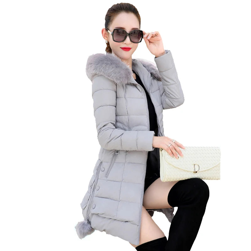 Winter Jacket Women winter coat pure color casual Fur Collar Hooded long hooded cotton lady jacket GRAY