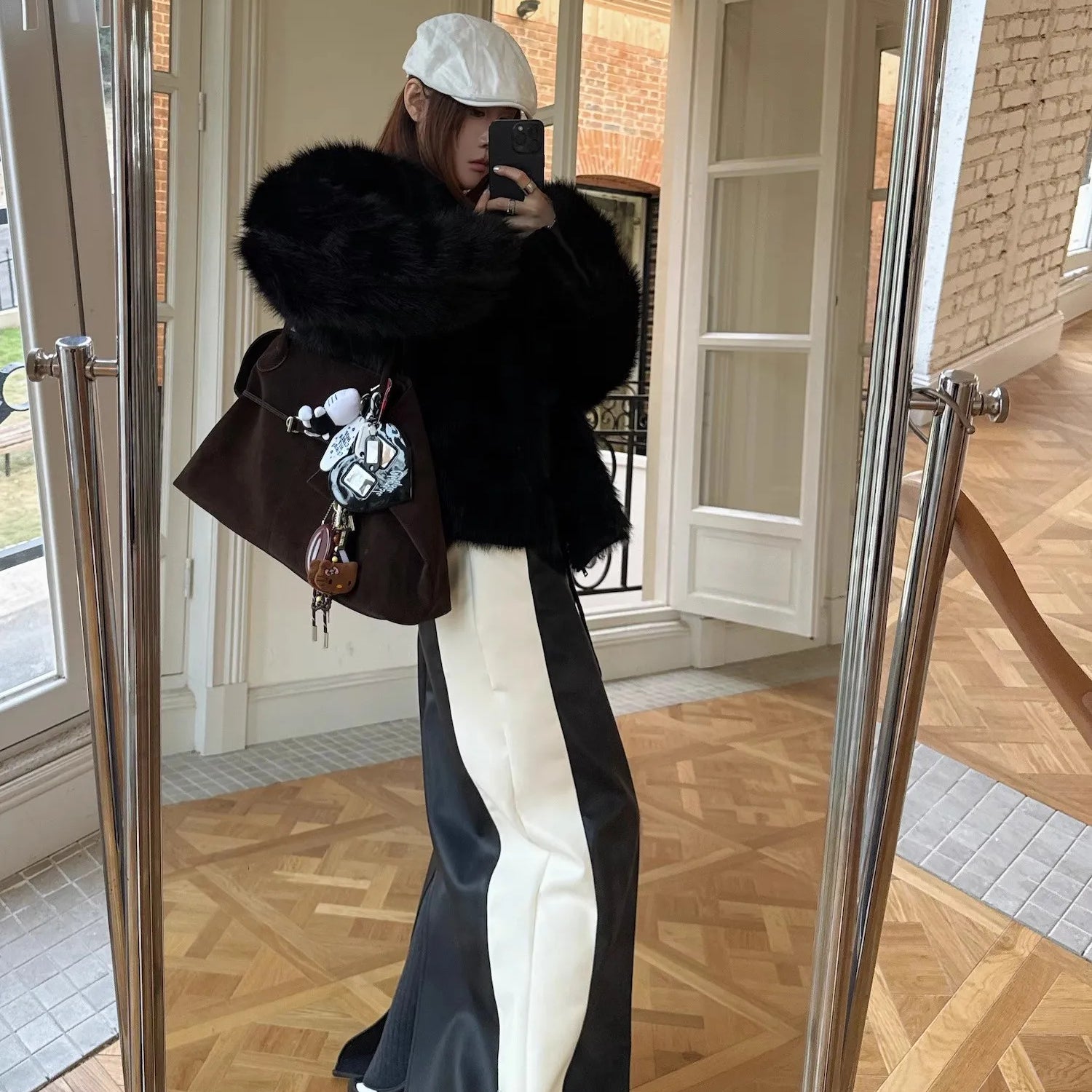 Lautaro Spring White and Black Patchwork Pu Leather Floor Length Straight Skirt Women with Back Slit Drawstring Elastic Waist