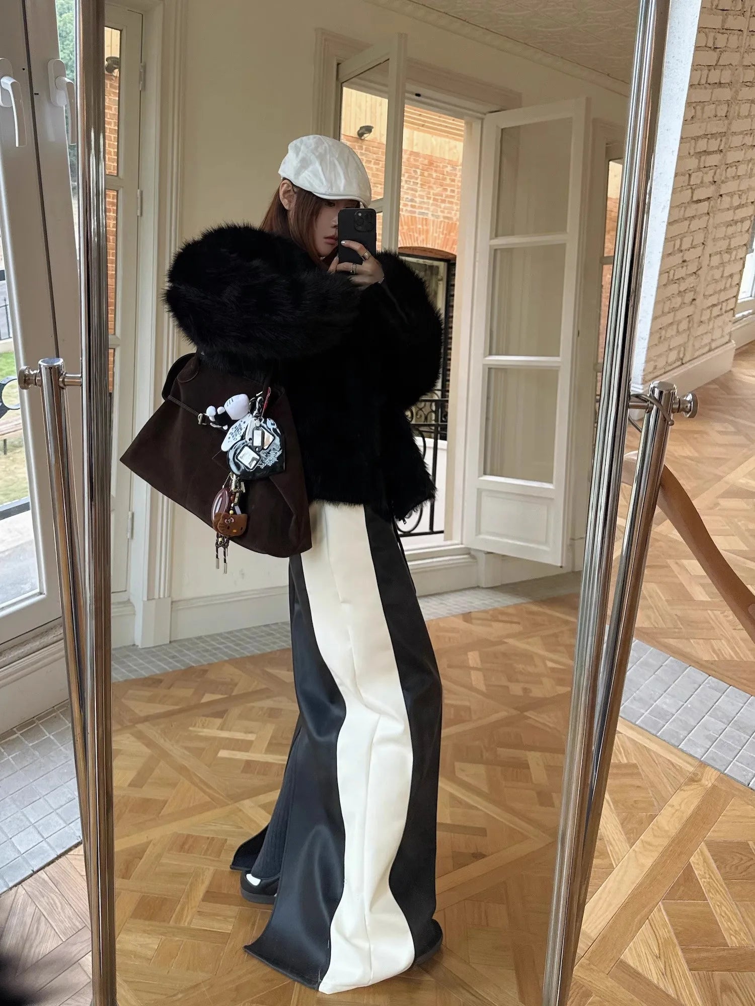 Lautaro Spring White and Black Patchwork Pu Leather Floor Length Straight Skirt Women with Back Slit Drawstring Elastic Waist