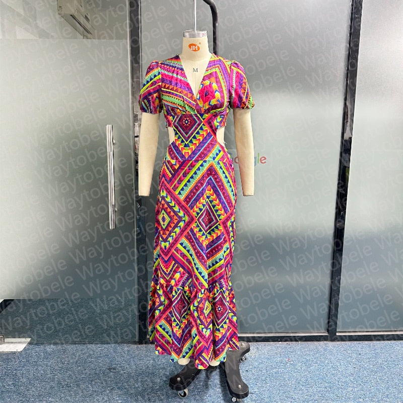 Waytobele Women Maxi Dress Summer Fashion V Neck Short Puff Sleeve Hollow Out Printed Beach Party Dresses High Streetwear