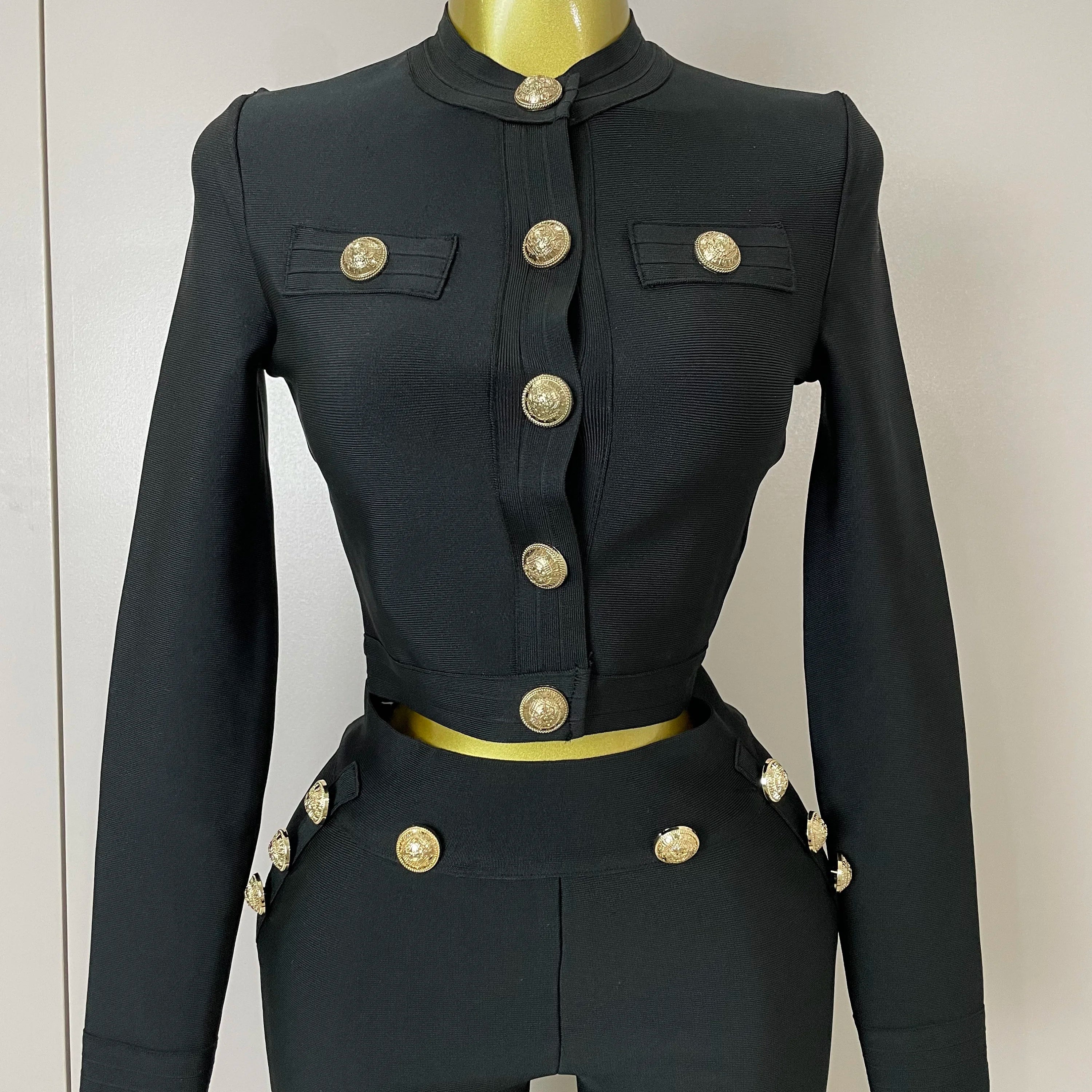 2025 New Golden Buttons Short Coat Top And Flare Pants Bandage 2 Pieces Set Woman Celebrity Evening Party Vestidos