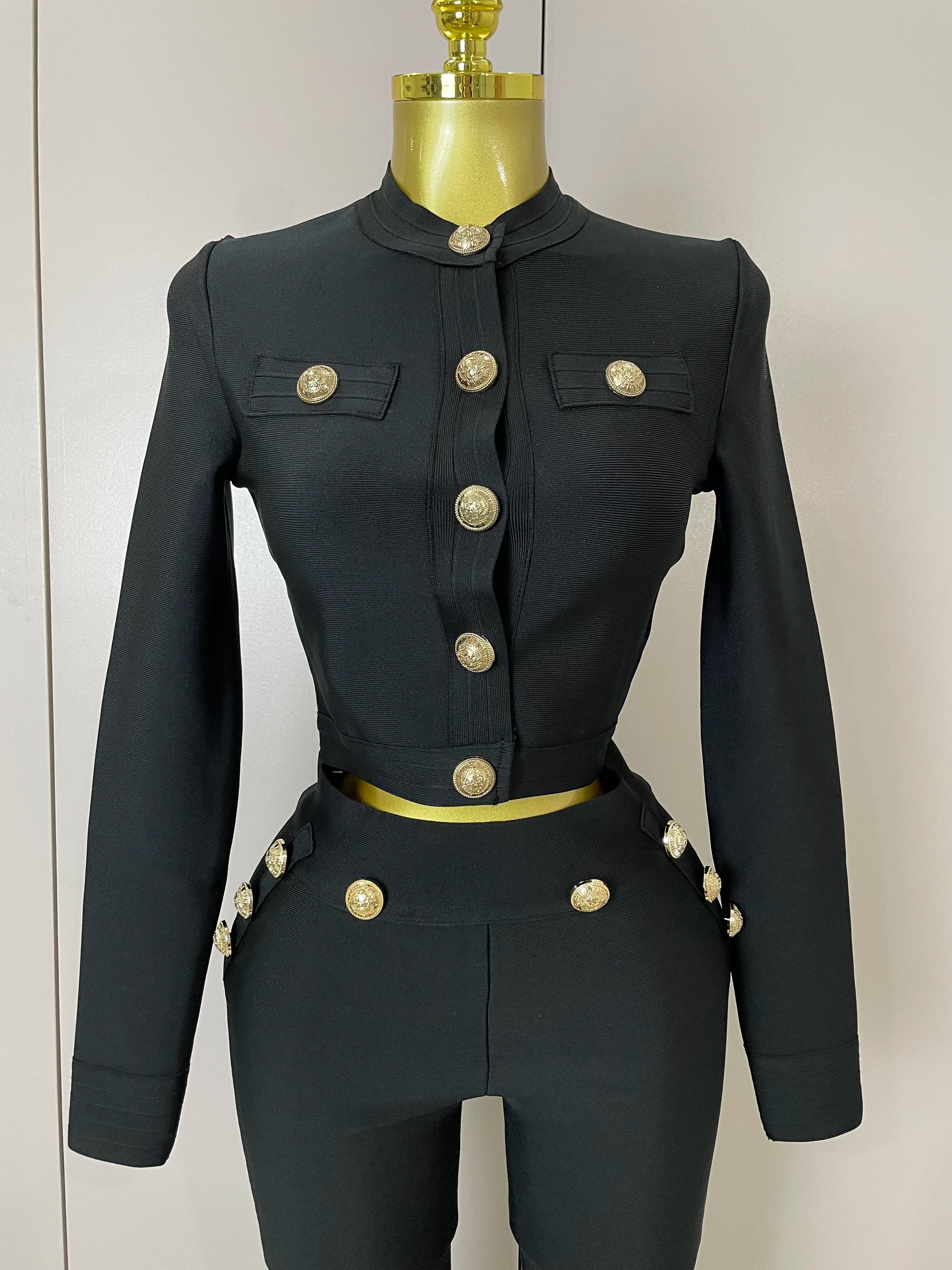 2025 New Golden Buttons Short Coat Top And Flare Pants Bandage 2 Pieces Set Woman Celebrity Evening Party Vestidos