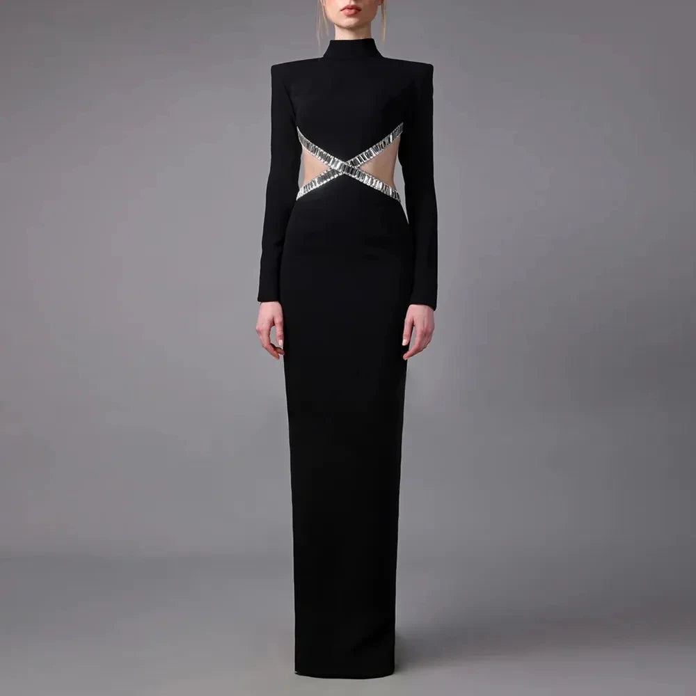 Luxury Squares Diamonds Sexy Hollows Out Blackless Long Dress Elegant Goddess Evening Dress Celebrity Party Outfit black