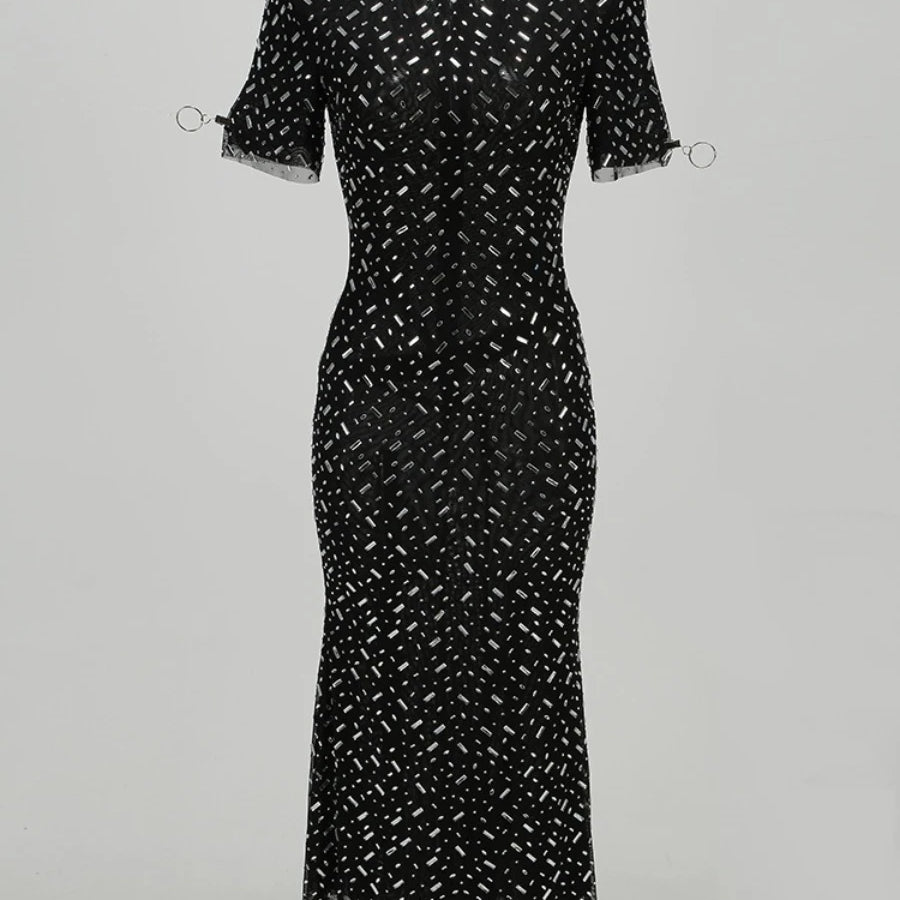 Solid Slimming Spliced Stick Drill Dresses for Women Round Neck Short Sleeves Temperament Dress Female Clothing New BLACK