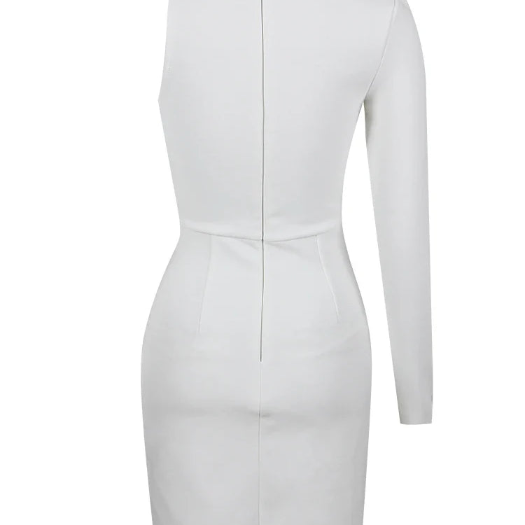 BEVENCCEL Women's New One Shoulder Long Sleeve Mesh Patch Diamond Bandage Dress Elegant Sexy Club Evening Party Mini Dress