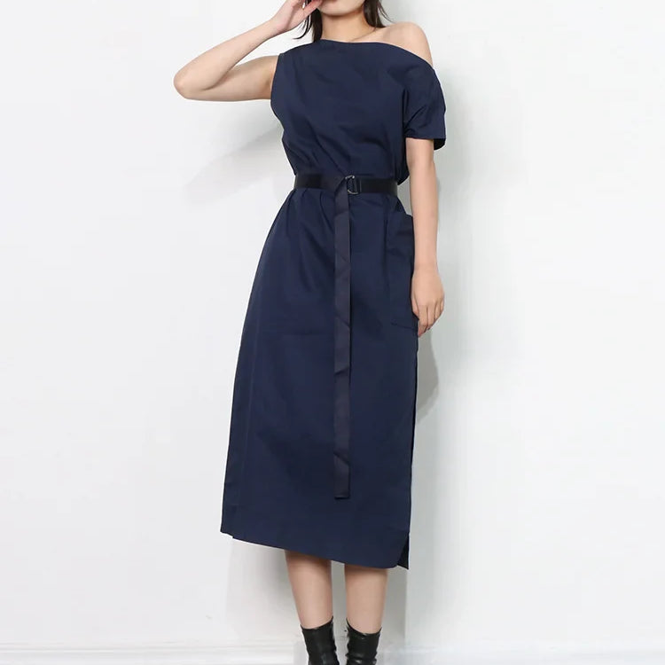 Asymmetrical Sashes Dress For Women Slash Neck Short Sleeve High Waist Casual Dresses Female Fashion New Clothing navyBlue One Size