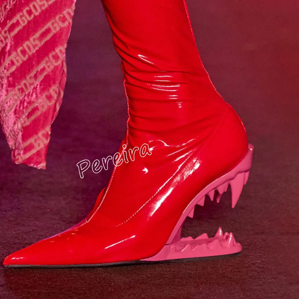 Black Tooth Shaped Heels Elastic Short Boots Pointed Toe Patent Leather Botas 2025 Solid Fashion Elegant Party Office Lady Shoes