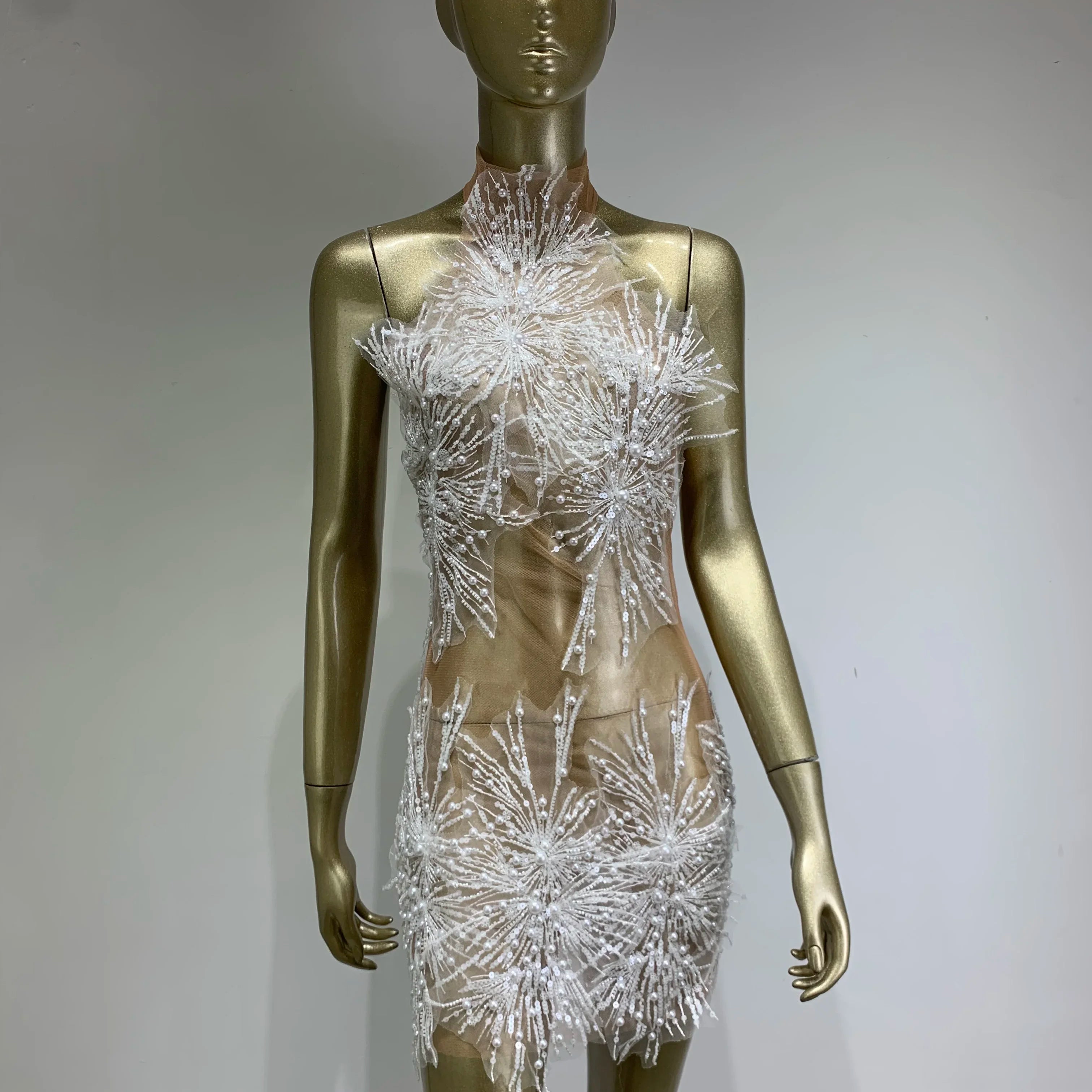 Women Sexy Off the Shoulder Mesh SeeThrough Bodycon Mini Dress Sequins Nightclub Party Celebrate Dress