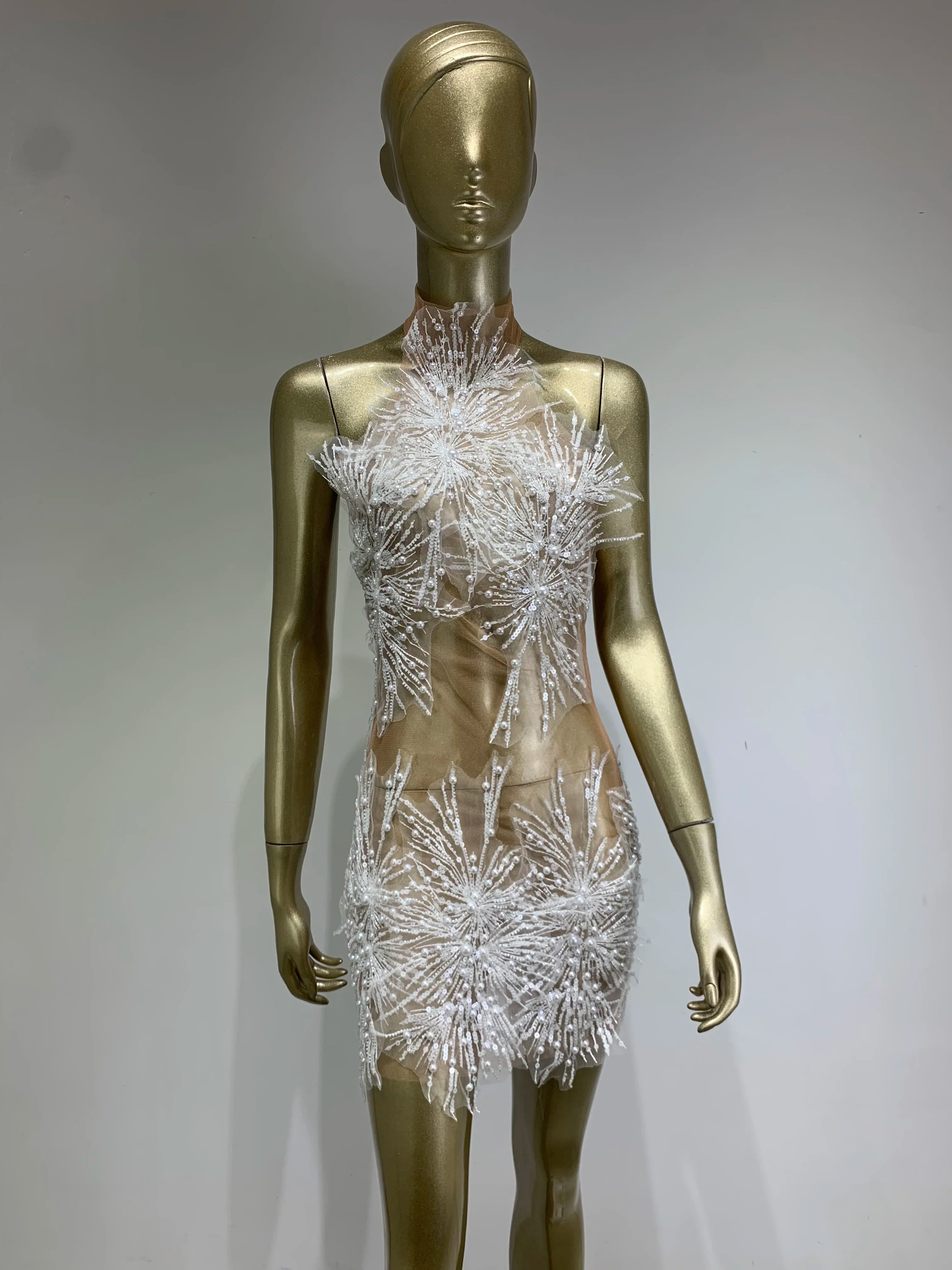 Women Sexy Off the Shoulder Mesh SeeThrough Bodycon Mini Dress Sequins Nightclub Party Celebrate Dress