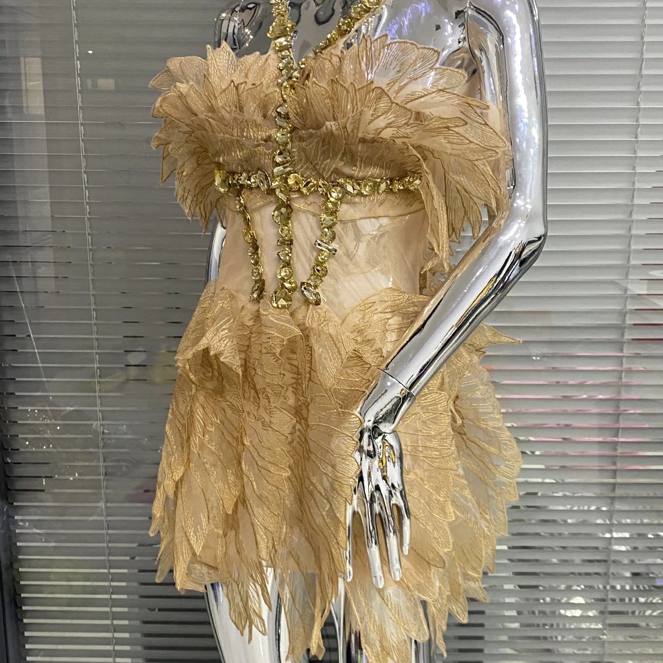 Gold Color Women Sexy Halter Crystal Bodycon Mini Dress Celebrate Birthday Party Girls' Nightclub Bar SInger Dress