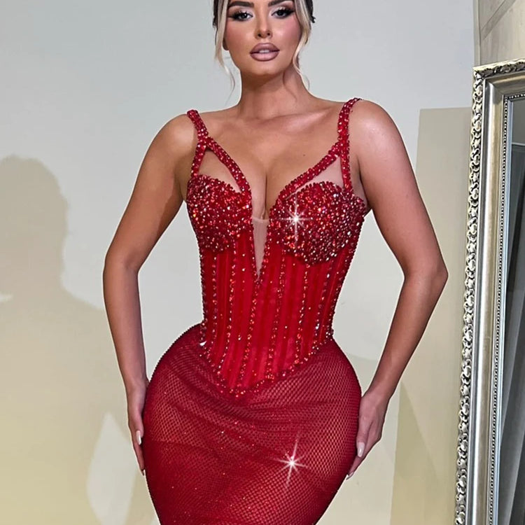 Enchanting Sparkling Red Mermaid Sequins Strappy Sleeveless Dress Party Evening Gown