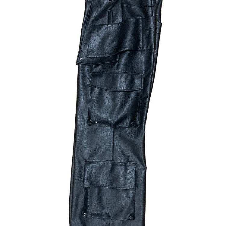 Mauroicardi Autumn Baggy Black Faux Leather Wide Leg Cargo Pants Men with Many Pockets Luxury Mens Designer European Clothing