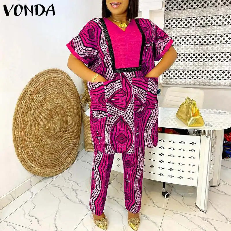 Plus Size 5XL Women Sets Summer Printing Loungewear Pants Sets VONDA 2024 Vintage Short Sleeve Tops Loose Pants Suits Two Piece Rose