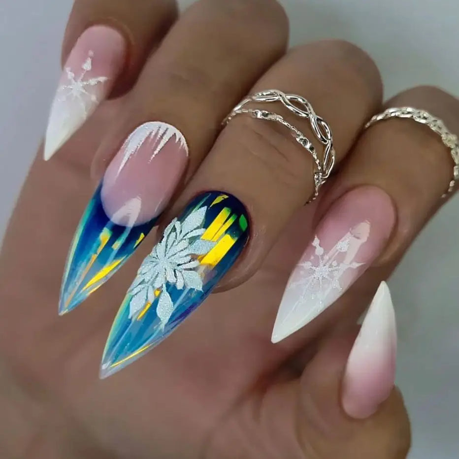 2025 New Christmas Fake Nail Tips Wearable Almond False Nails with Snowflake Flower Print European Xmas New Year Press on Nails 6