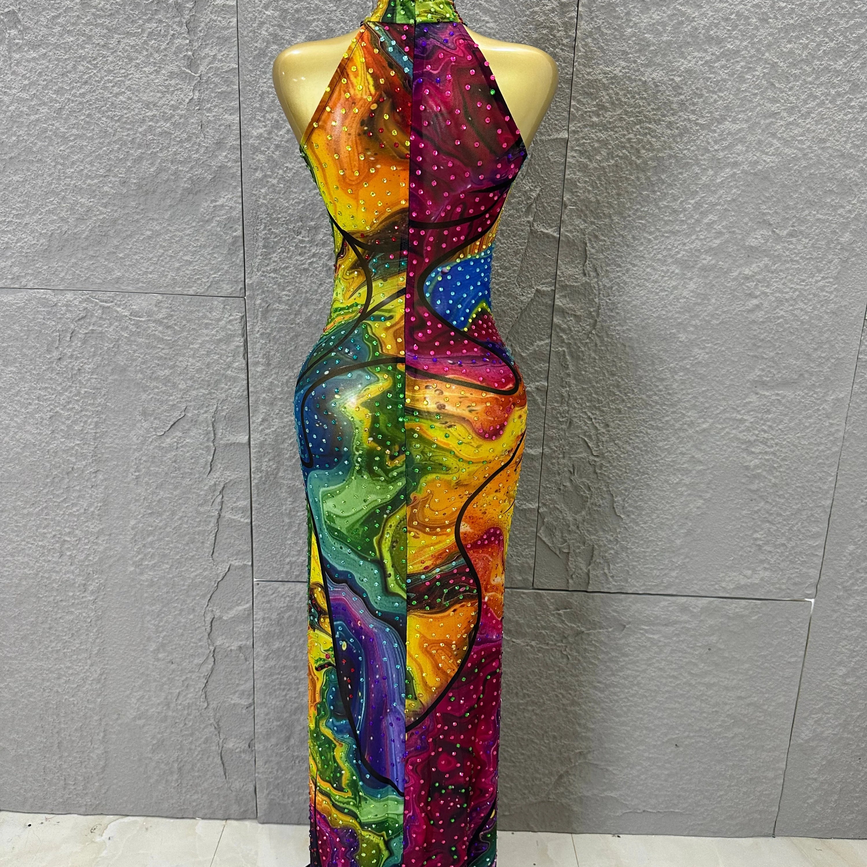 Elegant Sheer Mesh Colorful Halter Neck Maxi Dress Women Sexy Crystal High Slit Form-Fitting Evening Party Formal Event Dress