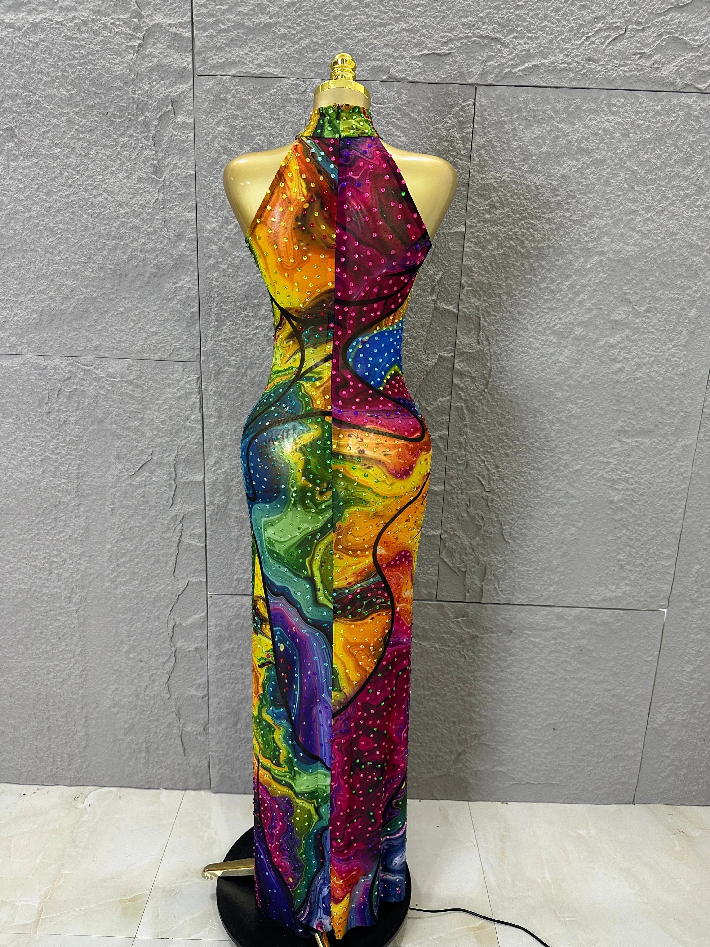 Elegant Sheer Mesh Colorful Halter Neck Maxi Dress Women Sexy Crystal High Slit Form-Fitting Evening Party Formal Event Dress