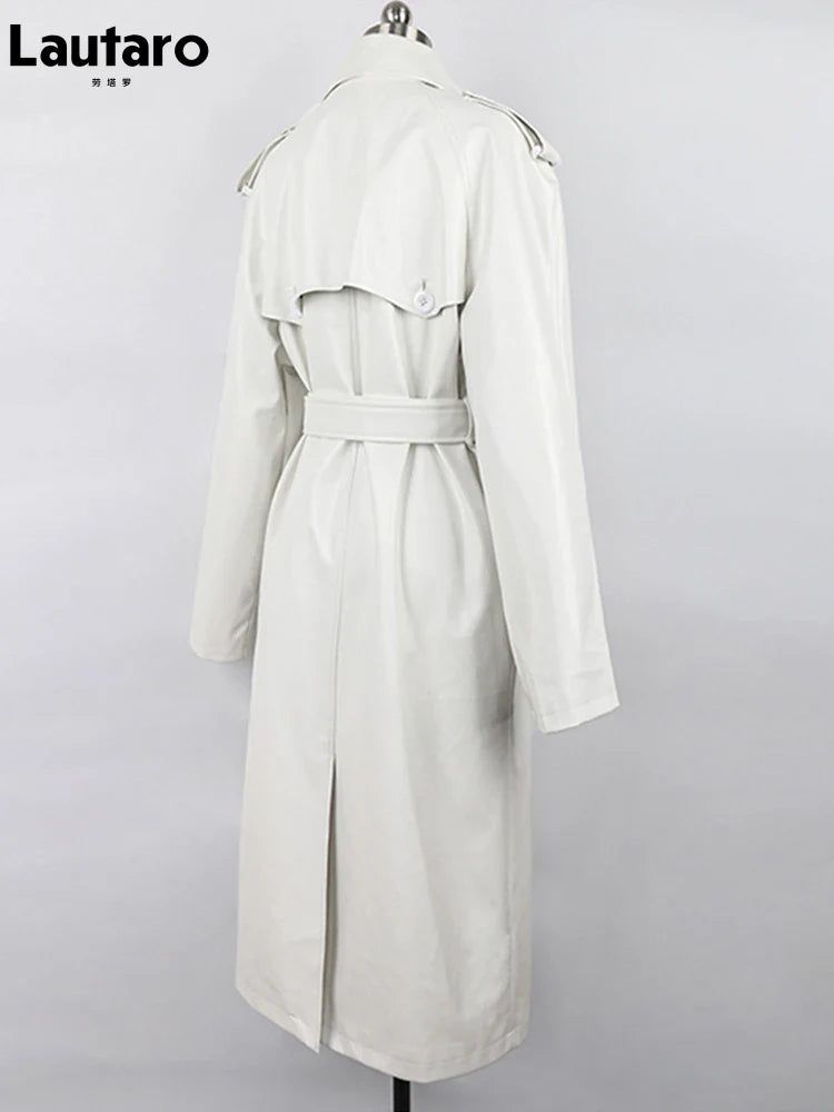 Autumn Extra Long Oversized Black Faux Leather Trench Coat for Women Long Sleeve Belt Double Breasted Loose Fashion 2021