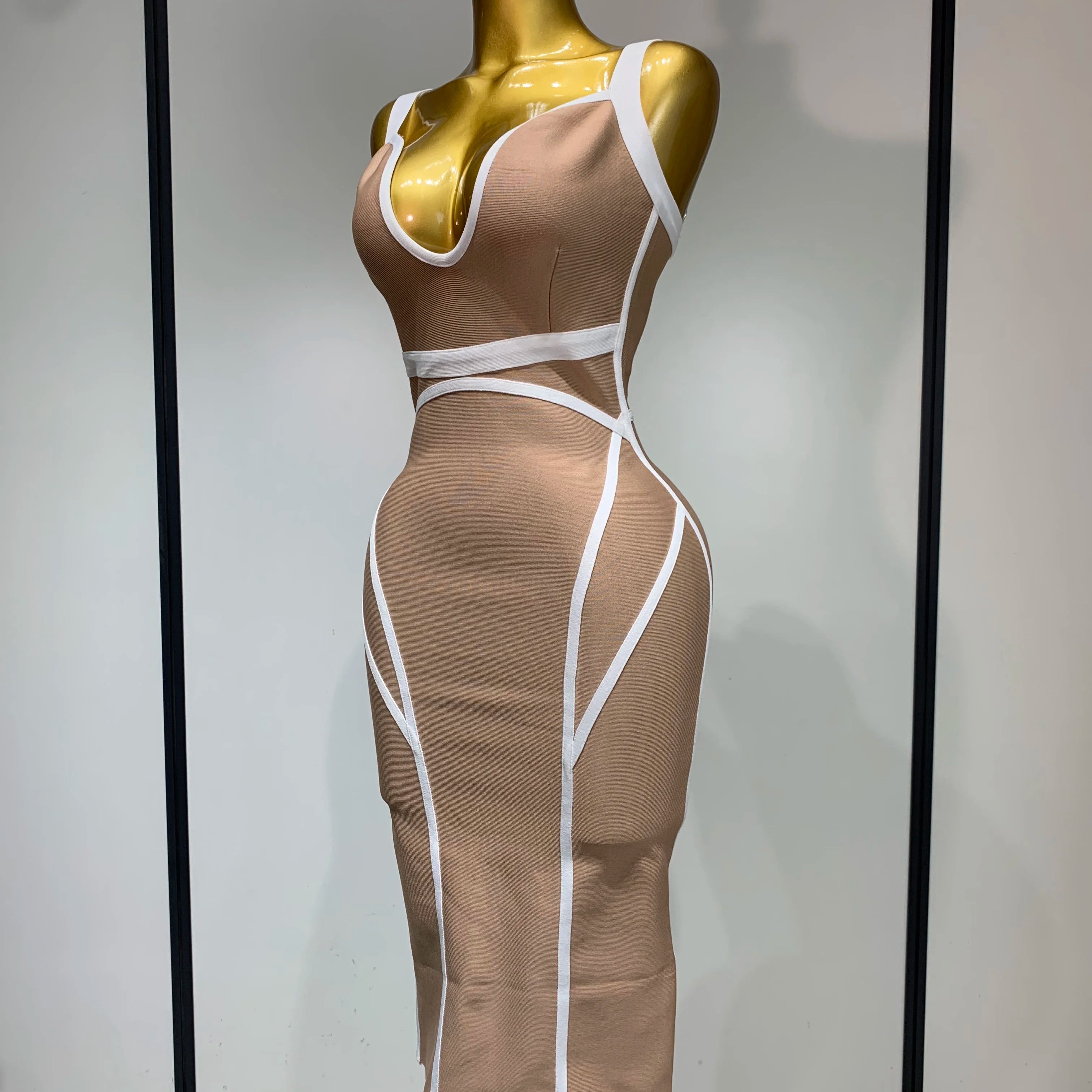 Women Sexy V Neck Striped Midi Bandage Bodycon Dress 2025 Celebrity Elegant Evening Club Party Luxury Birthday Outfit