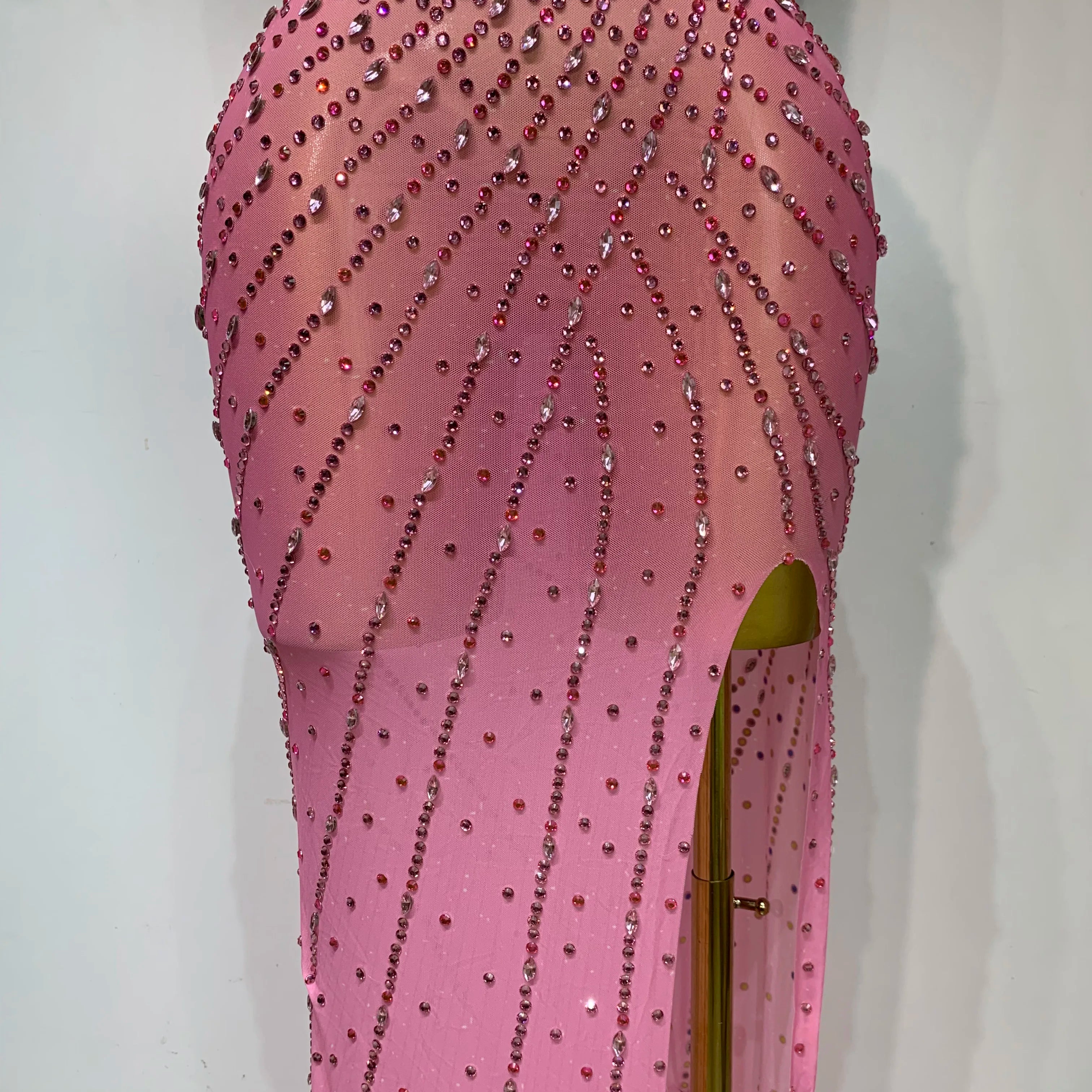 Sparkly Rhinestone Halter Mesh Transparent Dress Birthday Celebrate Evening Party Dress Women Sexy Split Backless Stage Outfit