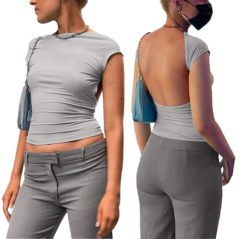 Y2K Sexy Backless Crop Top Women Casual 2024 Summer Short Sleeve O Neck T Shirts Streetwear Fit Slim Pullovers Base Tees T-Shirt Gray