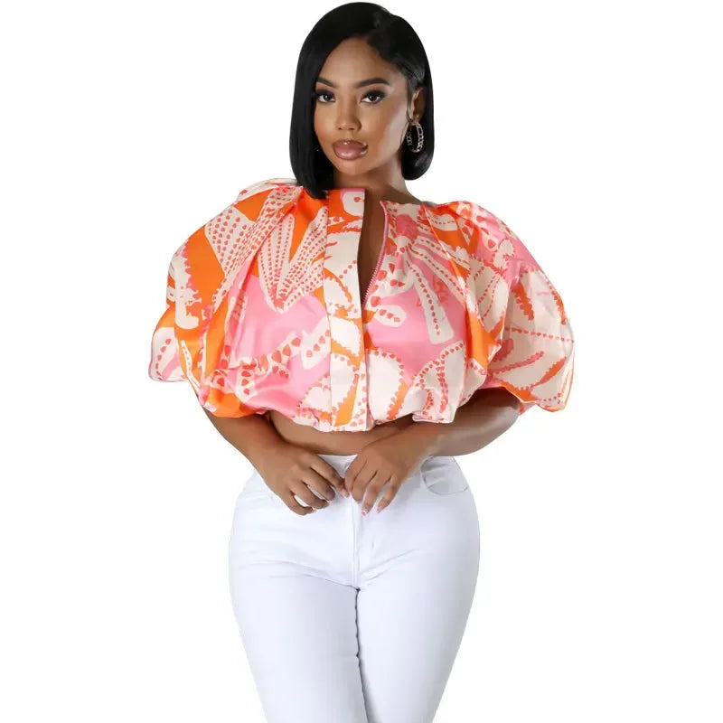 Summer Street Women Shirts Fashion Ruched Short Puff Sleeve Mini Blouse 2024 Street Print Casual Holiday Shirts Tops ORANGE RED