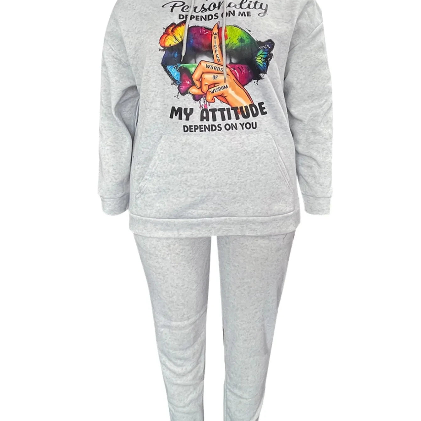 LW Plus Size Buttefly Lip Letter Print Tracksuit Set Hooded Collar Pocket Design Graphic Long Sleeve Winter Outfits for Women