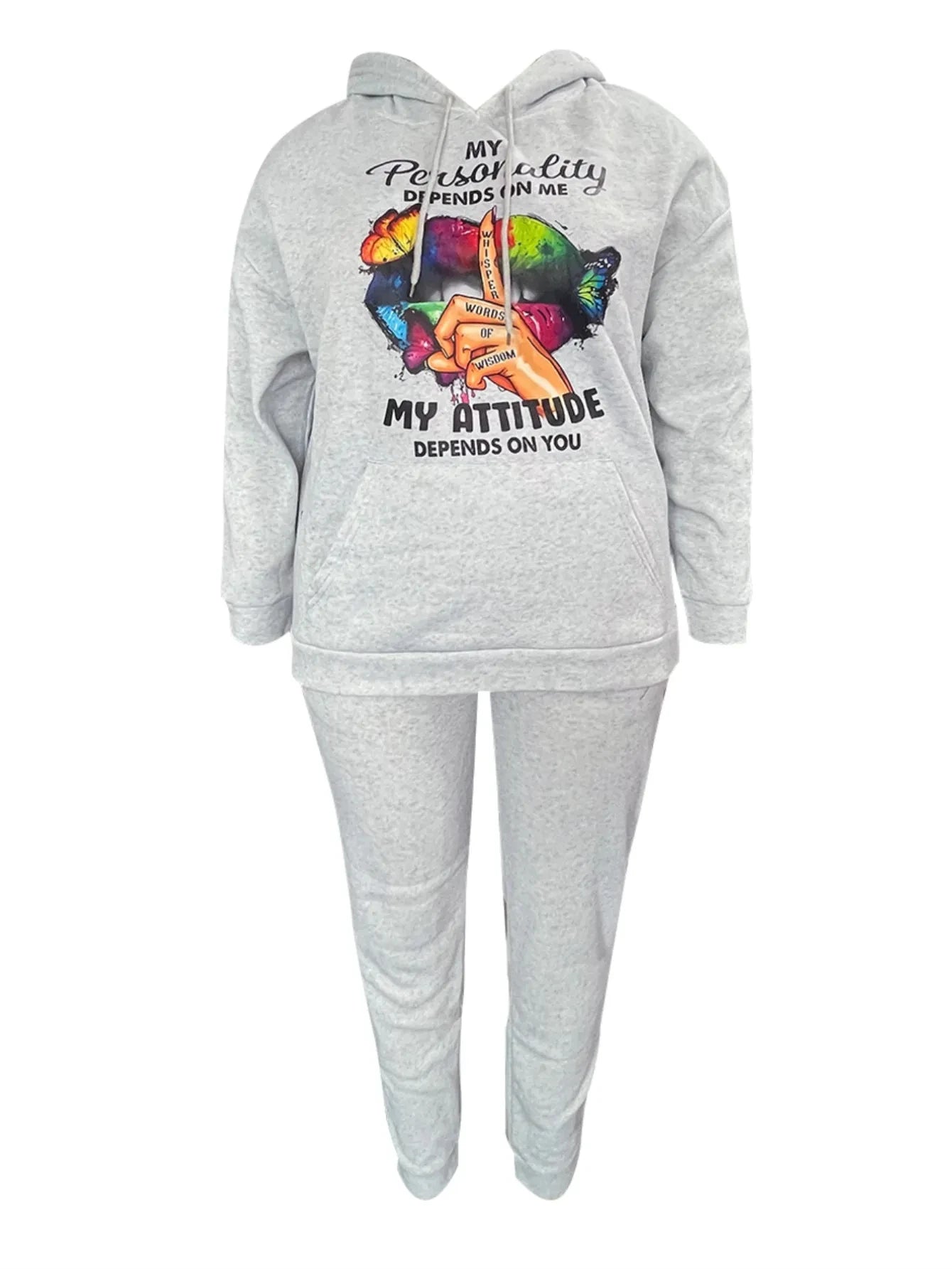 LW Plus Size Buttefly Lip Letter Print Tracksuit Set Hooded Collar Pocket Design Graphic Long Sleeve Winter Outfits for Women