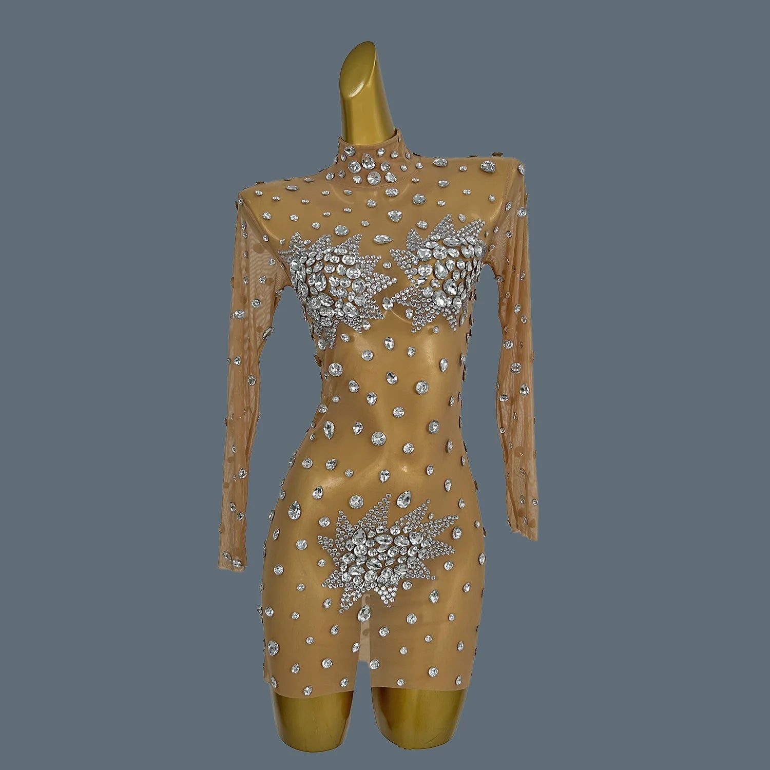 Women Sexy White Crystals Mini Dress Luxury Birthday Celebrate Evening Party Rhinestones Gown Singer Stretch Costume Guibin Nude