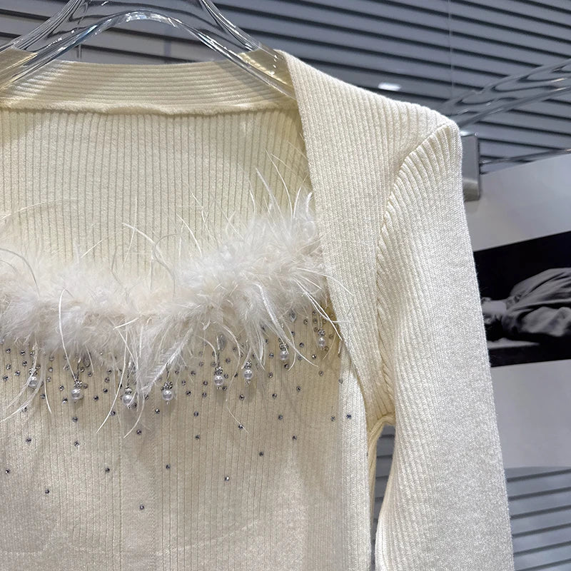 Winter New Elegant Fashion Shawl Slim Fit Knitted Sweater For Women Versatile Feather Patchwork Pullover 11A07523