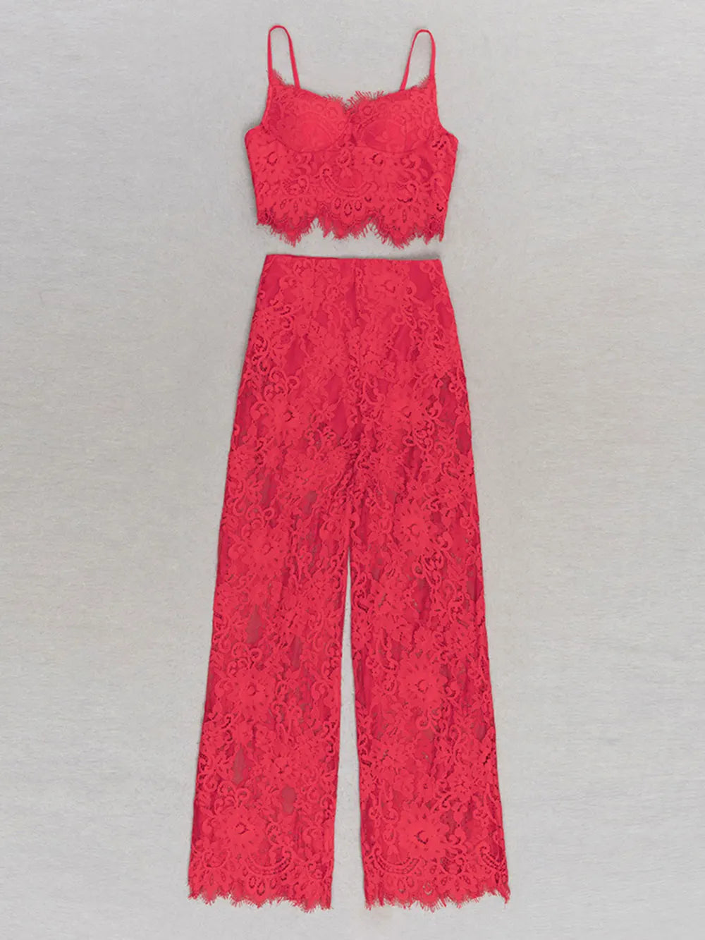 2025 Sexy Women'S Lace Pants Set Spaghetti Strap Sleeveless Backless Ultra Short Vest+Straight Leg Pants Two-Piece Set Red