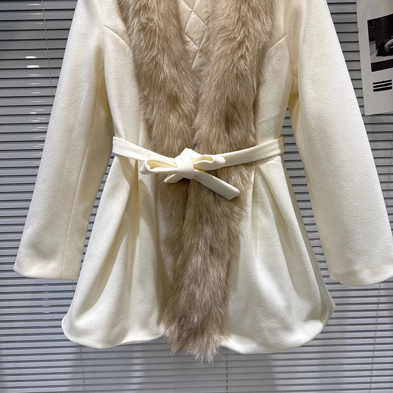 Winter New Fashion Fur Collar Belt Woolen Quilted Trench Coat For Women Elegant Warm Windbreaker Female 11A07810
