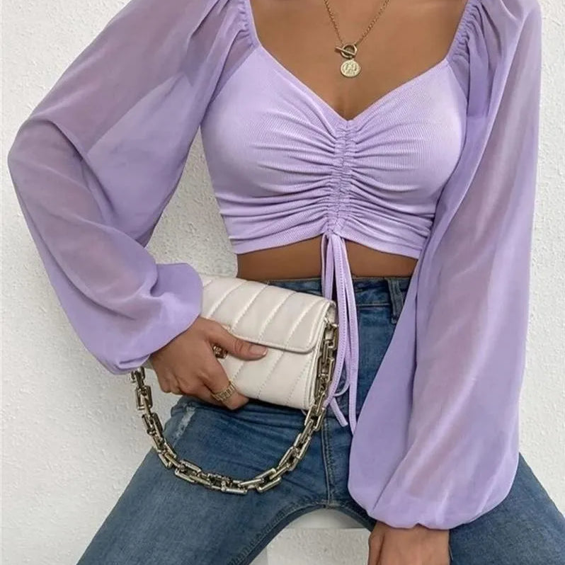 Woman’s Tops Puff Sleeve Sexy Close-Fitting Summer and Spring Lace up V-neck Fashion Solid Color Simple Long Sleeve Hot