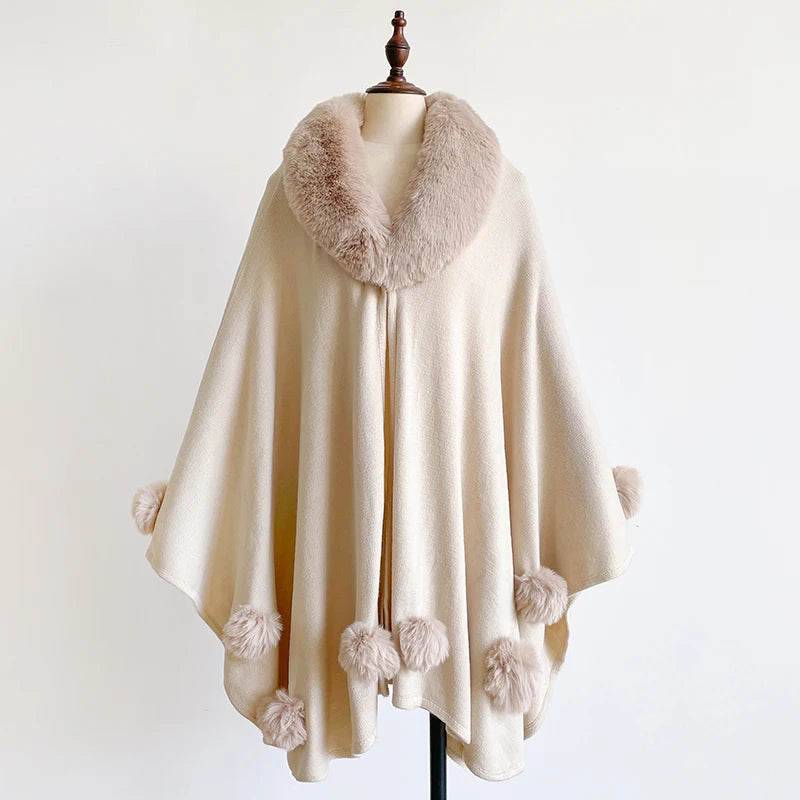 Winter New Thicken Mink Wool Full Trims Faux Fur Cape - Women's Hooded Loose Fleece Cloak Coat for Party Dress Wraps Warm