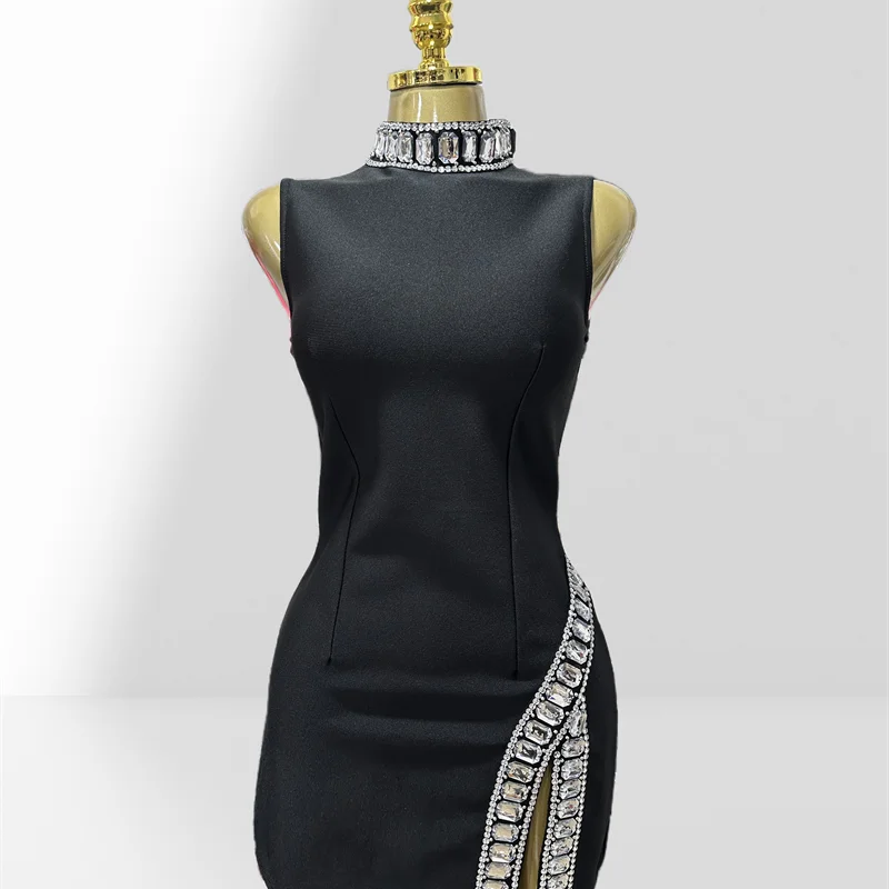 New Summer Super shining Diamonds O-neck Sleeveless Bandage Mini Dress Fashion Woman Birthday Party Dress Music Festival Outfit black