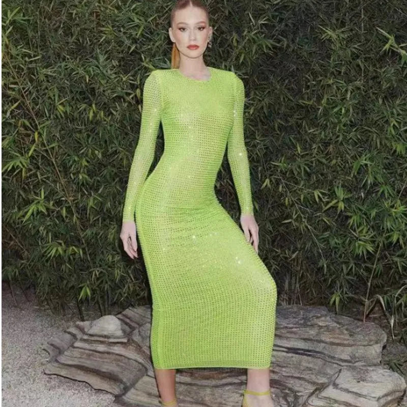 2023 Long Sleeve Diamond Mesh See Through Sexy Bodycon Long Dress Celebrity Nightclub Party Dress Vestido