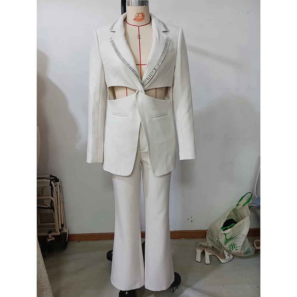 Solid Hollow Out Elegant Two Piece Sets for Women Lapel Long Sleeves Spliced Hot Fix Top High Waist Pant Set Female