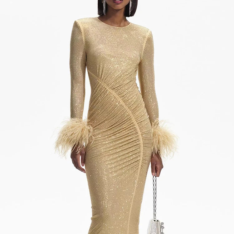 Champagne O Neck Midi Dress Rhinestones Long Sleeves Diamond Feathers Embellished Bodycon Evening Party Gowns