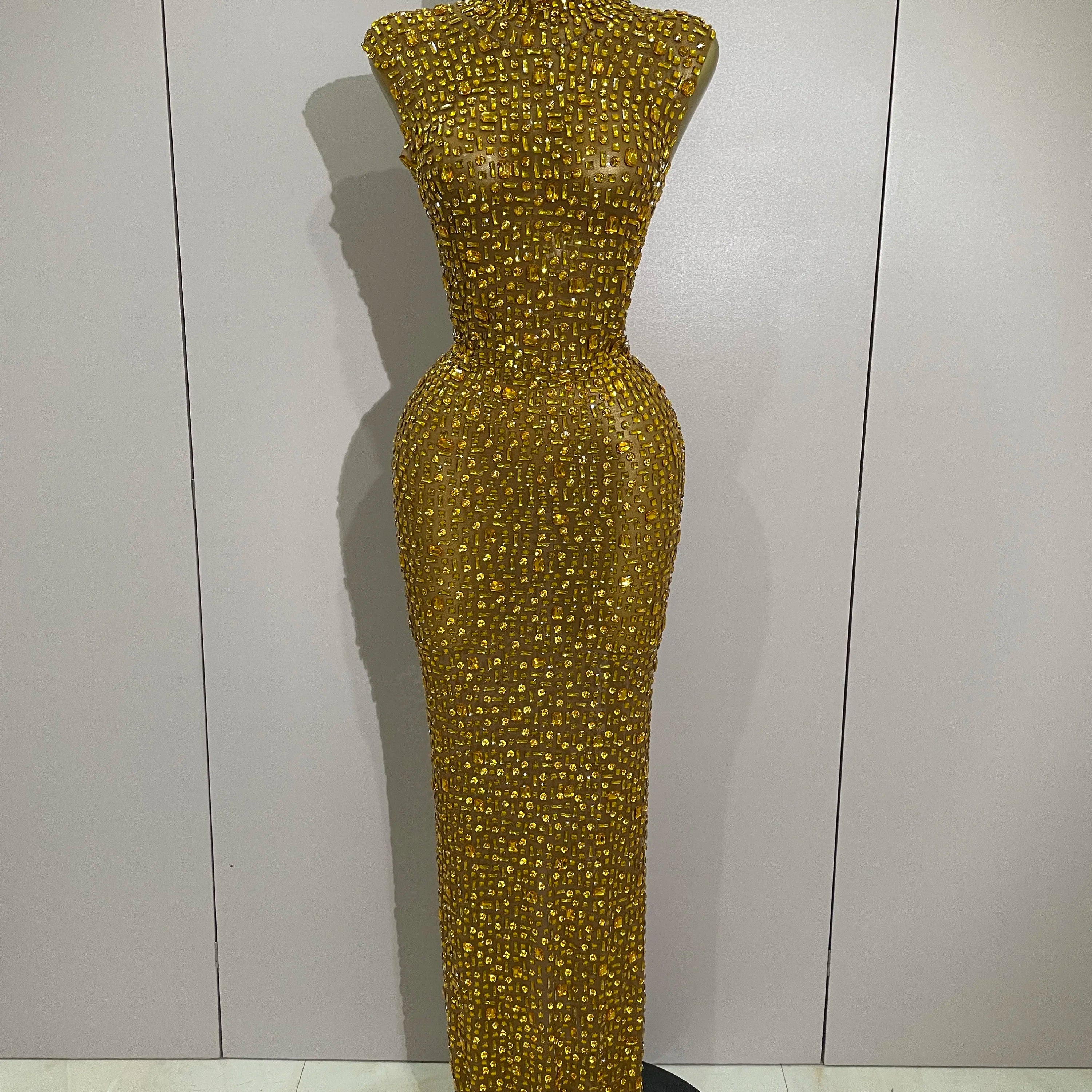 Sexy Sparkly Crystal Diamonds Mesh See Through Long Dress 2025 New Women Elegant Party Costume Singer Stage Performance Outfit Gold