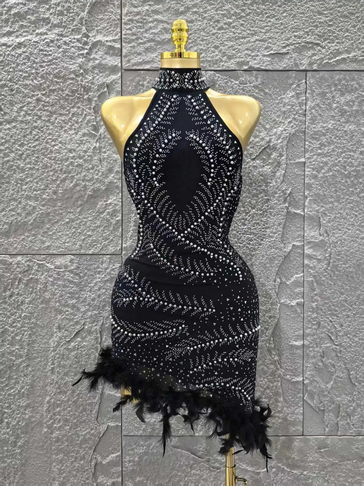 Black Color Women Sexy Off the Shoulder Beading Feathers Bodycon Mini Bandage Dress Celebrate Nightclub Party Bar Singer Outfit black